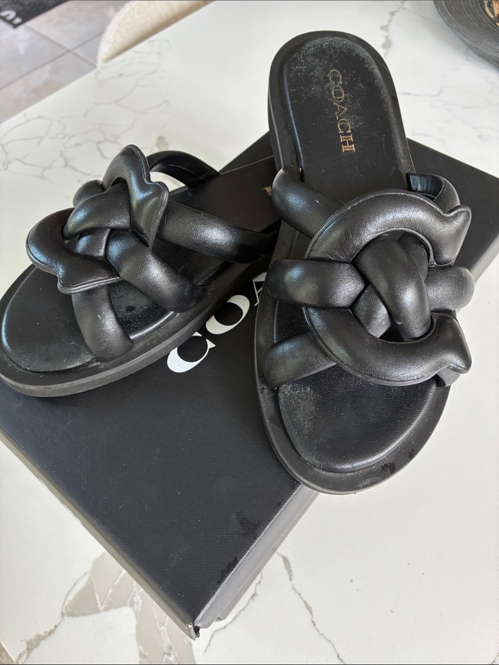 COACH Black Knotted Leather Slide Sandals